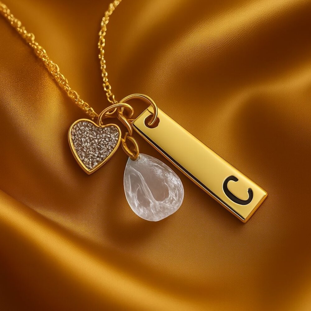 Personalized Gold Charm Necklace with Crystal Heart Initial “C” & Quartz Pendant